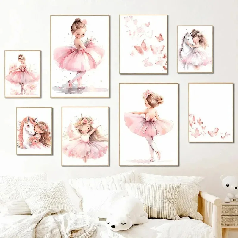 Baby Nursery Kids - Pink Ballerina Girl Unicorn Butterfly Poster