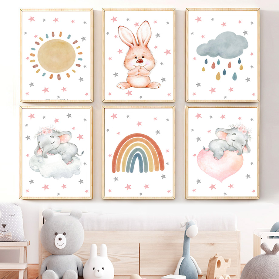 Baby Nursery Wall Mural - Watercolor Nursery Wall Art Mural Canvas