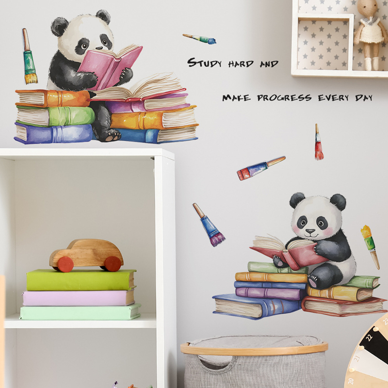 Baby Nursery Wall Mural - Study Read Cute Baby Panda 3D