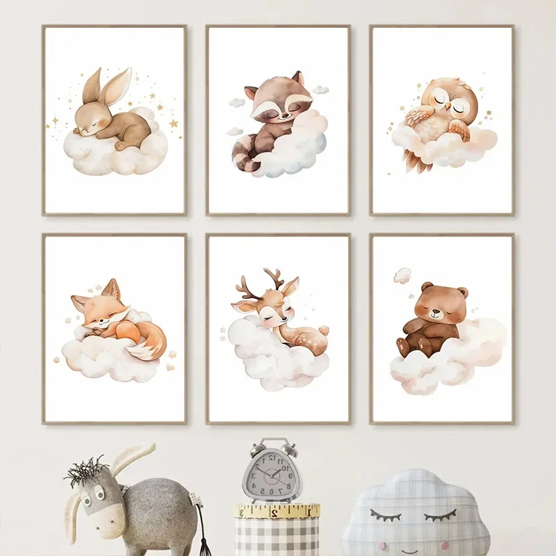 Baby Nursery Wall Mural - Cartoon Cloud Animal Canvas Painting Wall