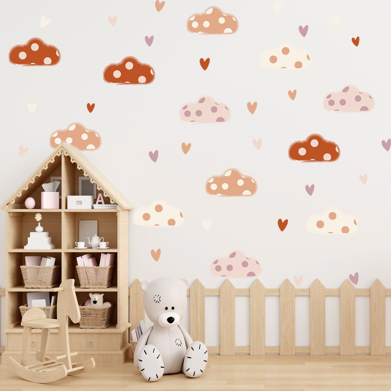 Baby Nursery Wall Mural - Boho Style Clouds Heart Shape Wall
