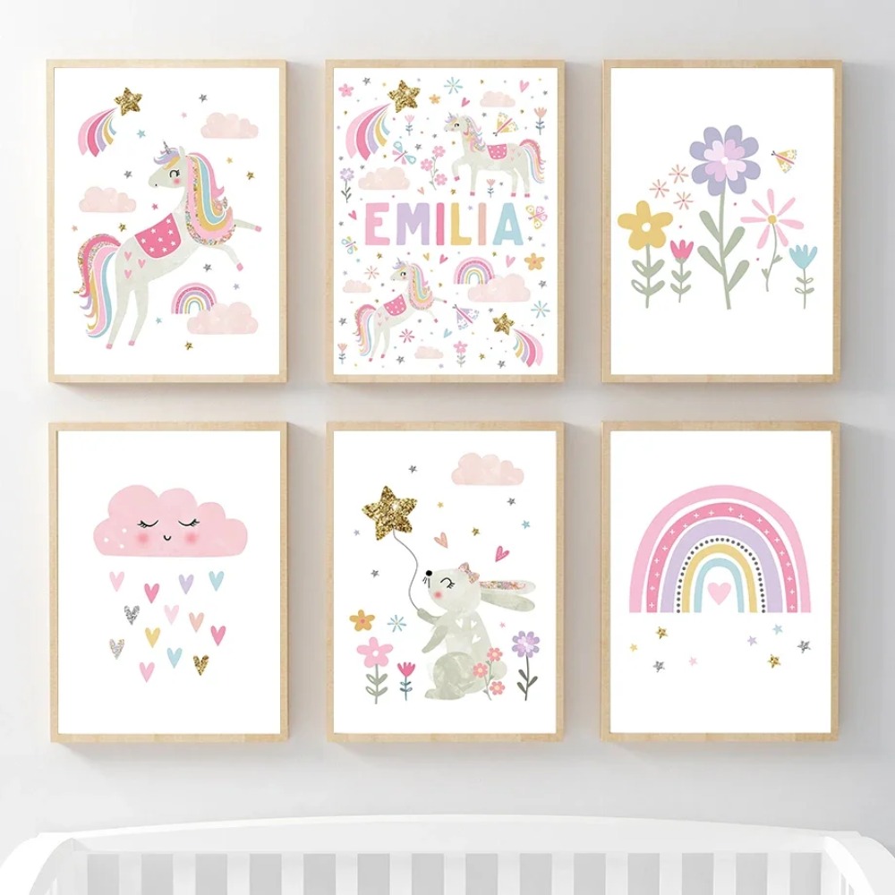 Baby Nursery Kids - Pink Unicorn Rabbit Rainbow Cloud Flower