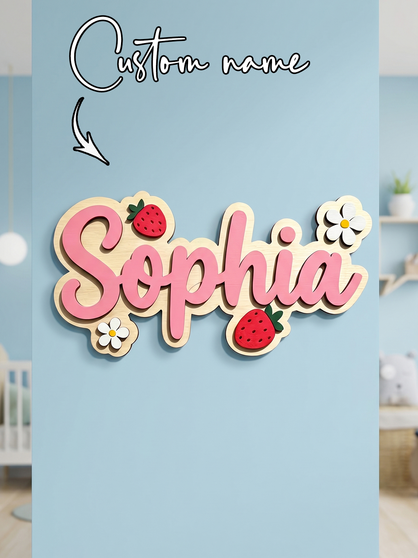 Baby Nursery Kids - Custom Name Strawberry Daisy Wooden Name