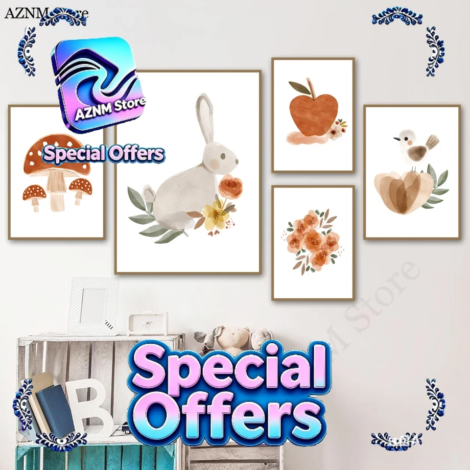 Watercolor Flower Rabbit Bird  – Baby Nursery Wall Mural Bewertung und Preis