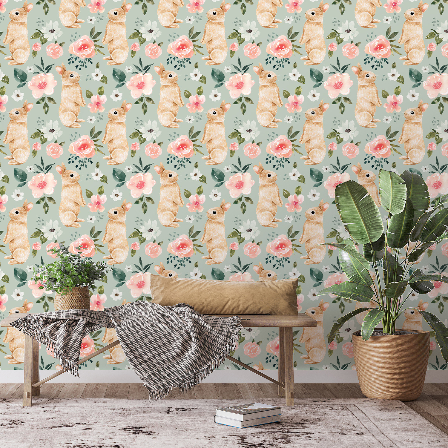 Sage Green Bunny Floral Wallpa – Baby Nursery Wallpaper Girl Bewertung und Preis