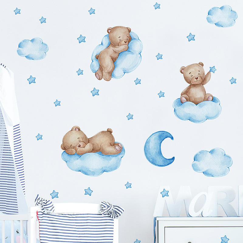 Cartoon Blue Teddy Bear Moon W – Baby Nursery Wallpaper Girl Bewertung und Preis