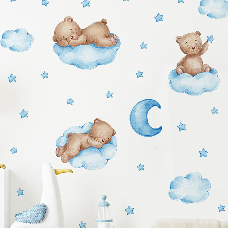 Cartoon Blue Teddy Bear Moon W – Baby Nursery Wallpaper Girl Bewertung und Preis