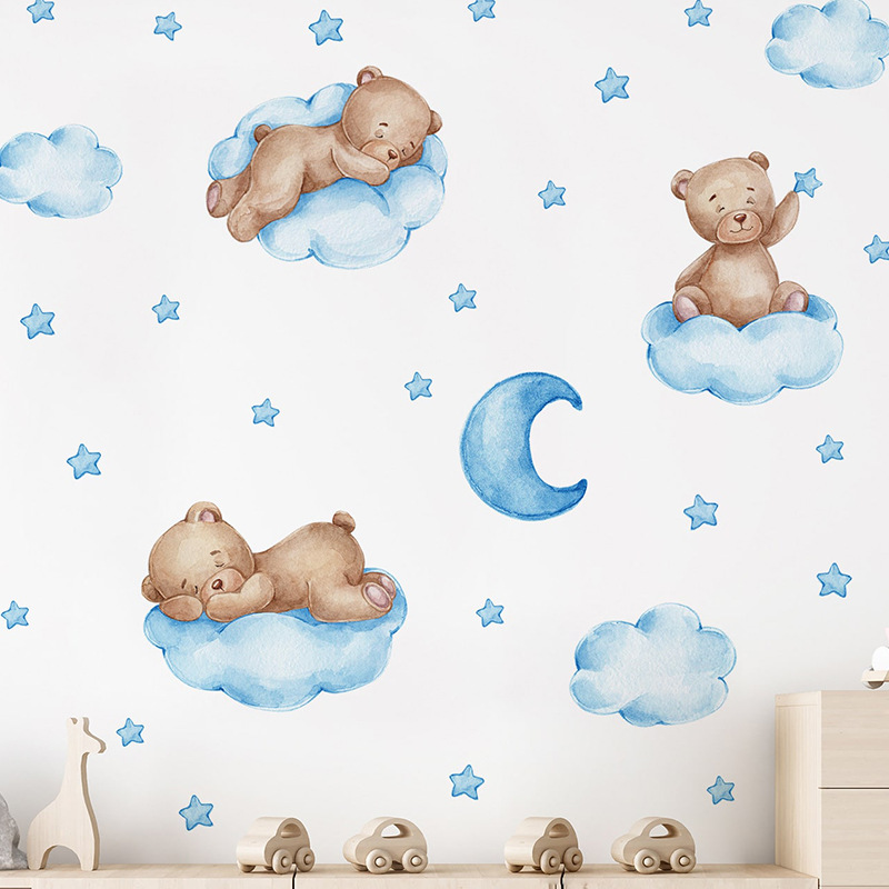 Cartoon Blue Teddy Bear Moon W – Baby Nursery Wallpaper Girl Bewertung und Preis